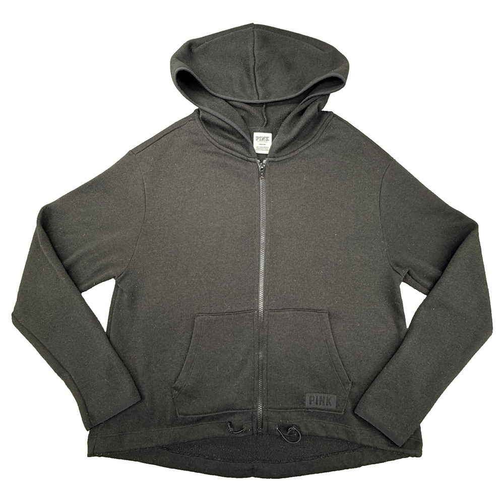 Victoria's Secret PINK Hoodie Women's Medium Black Zip Up Sweatshirt Athleisure‎